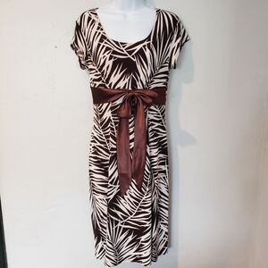 Jody California Sz 7/8 Brown Beige Tropical Leaf Print Dress Satin Tie Waist